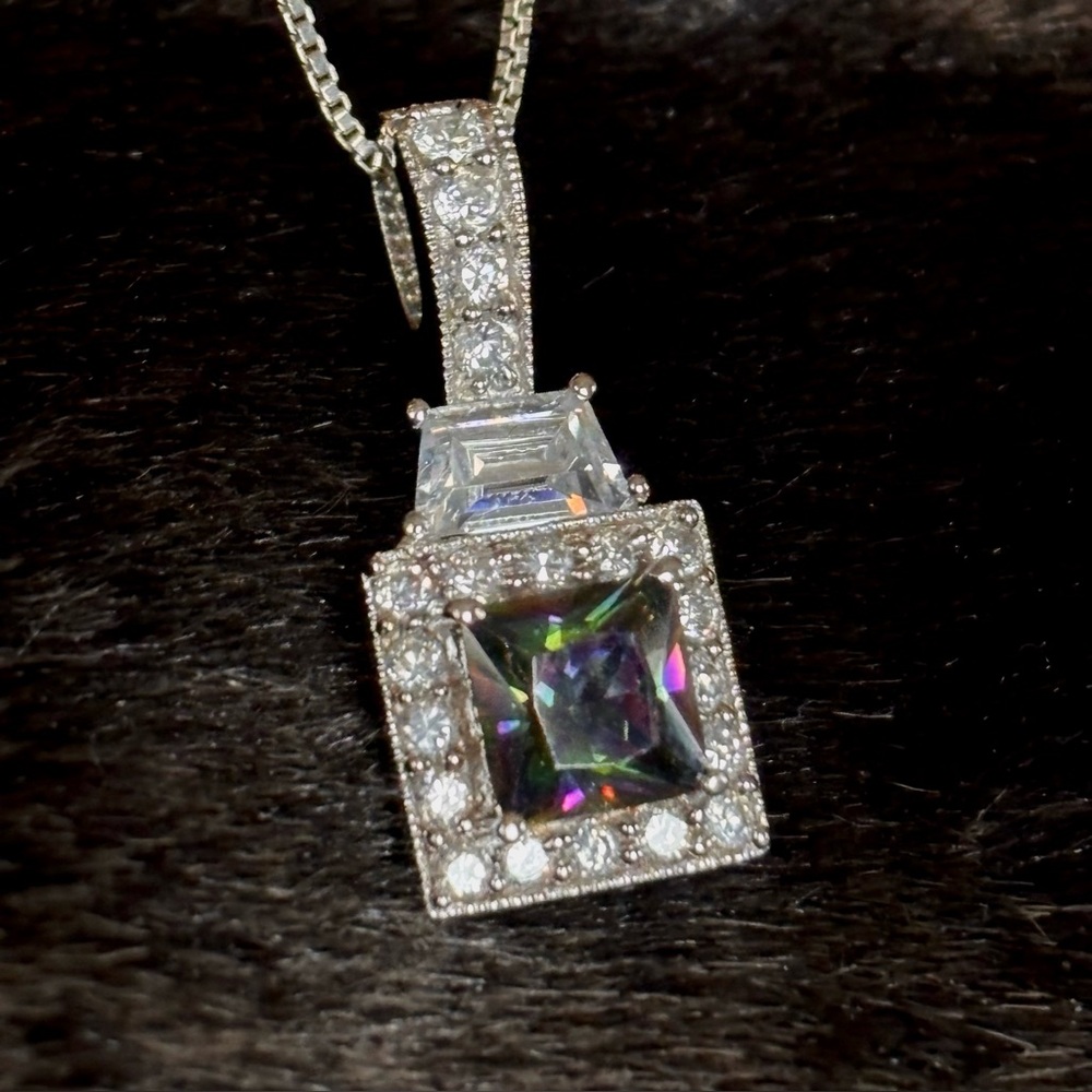 Mystic Topaz .925 Silver Pendant Necklace Cubic Zirconia Sterling Box Chain